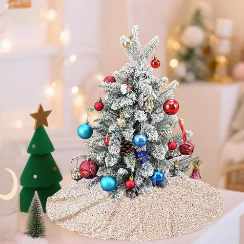 Vista 6 de Faldón para árbol de Navidad dorado champán de 24 pulgadas, redondo, mini, con lentejuelas, para decoraciones de vacaciones, faldón para árbol