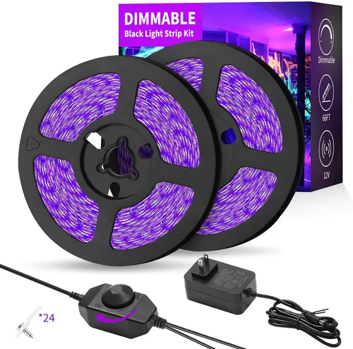 Vista 9 de Kit de tira de luz negra regulable de 40 pies/39.4 ft, 720 LED, accesorios de luz negra flexible de 12 V, 385 nm-400 nm, tiras LED de luz negra