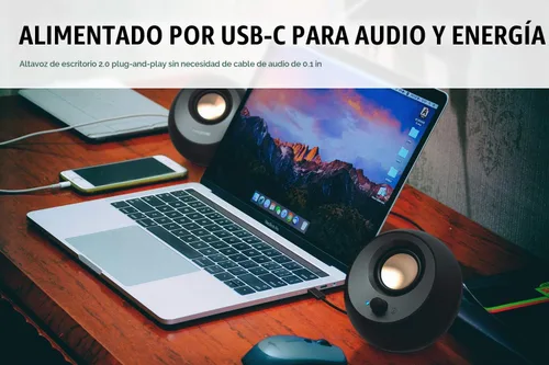 Vista 4 de Creative Pebble V3, altavoces de escritorio USB-C 2.0, Bluetooth 5.0, color negro Bluetooth 5.0, USB-C, altavoz 2.0, diálogo claro, 8W RMS