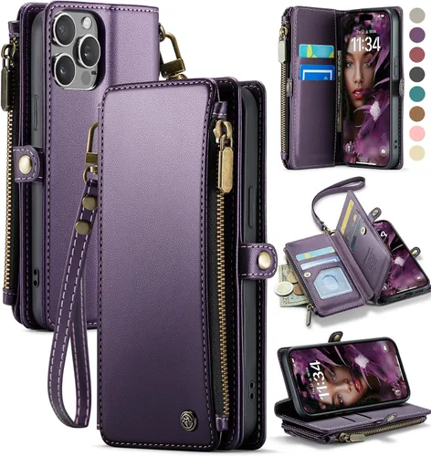 Vista 13 de Defencase Funda magnética para iPhone 13 Pro compatible con Magsafe con bloqueo RFID, correa de cremallera y tarjetero para mujer, funda de piel