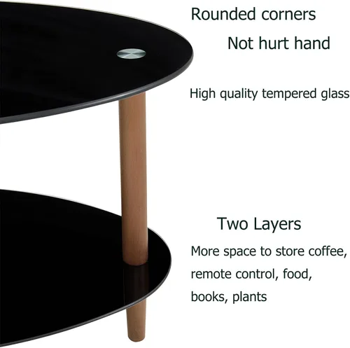 Vista 4 de Mesa de centro de cristal, mesa de centro ovalada en sala de estar con patas de madera de roble y vidrio de 2 niveles (transparente), mesa de té