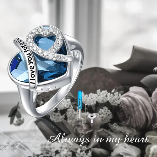 Vista 5 de AOBOCO Anillo de cremación de corazón de plata de ley 925 con texto en inglés "I LOVE YOU FOREVER" para cenizas de seres queridos, anillo de urna