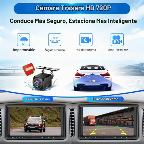 Vista 6 de Estéreo de coche doble DIN inalámbrico Apple CarPlay Android Auto, radio doble DIN de 7 pulgadas con Bluetooth, enlace de espejo, cámara de visión