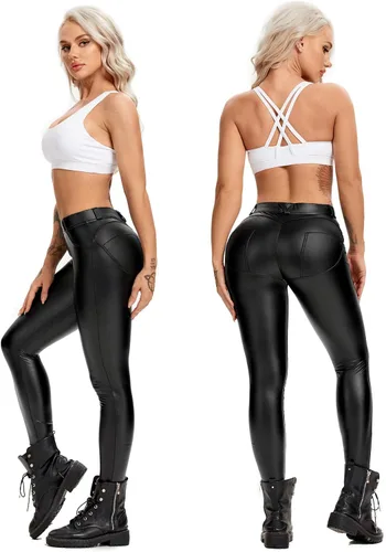 Vista 4 de SEASUM Leggings de piel sintética para mujer elásticos de cintura alta levantamiento de glúteos color negro pantalones de piel sintética sexy