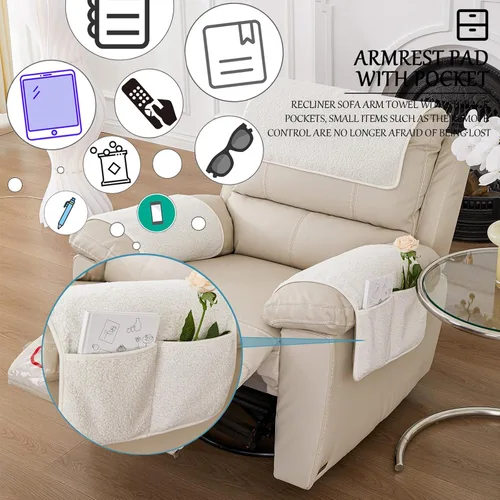 Vista 3 de Funda para Reposabrazos, Protector para Silla Reclinable, Protector para Muebles, Bolsillo de Almacenamiento Lateral, Funda Elástica para Beige