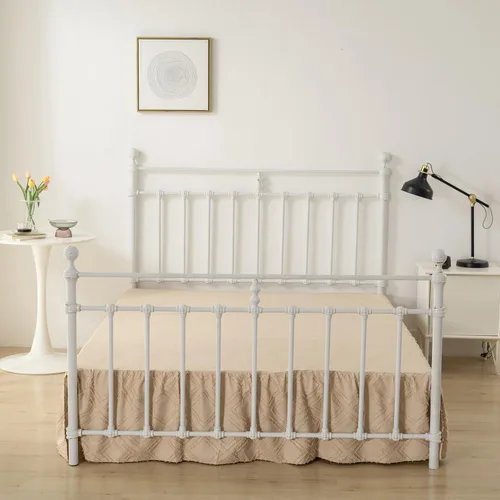 Vista 3 de Falda de cama tamaño Full con volantes y esquinas divididas, falda de cama boho acolchada caída de 14 pulgadas con plataforma, camello claro - 14