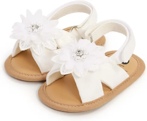 Vista 6 de GDSDYM Sandalias de verano para bebés y niñas con lazo de flores, suela suave, para vestido de boda, zapatos planos para recién nacidos, primeros
