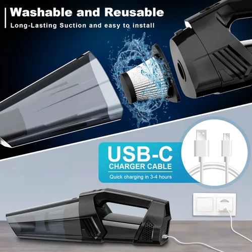 Vista 4 de Blestan Aspiradora de mano portátil inalámbrica con luz LED, succión de alta potencia, 3 en 1, aspiradora de mano ligera y recargable, aspiradora