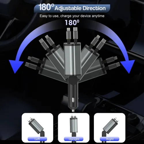 Vista 6 de Cargador de Coche Retráctil para iPhone, Cargador de Coche 4 en 1 de 66W de Carga Rápida con 2 Cables Retráctiles (PD y Lightning) y 2 Puertos