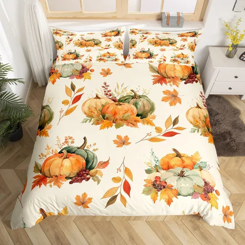 Vista 18 de Erosebridal Juego de funda de edredón individual de pavo de Acción de Gracias, juego de ropa de cama de calabaza y hojas de otoño para niños