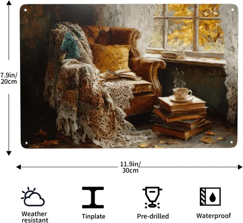 Vista 3 de Metal Tin Sign Cozy Autumn Reading Nook Plaque, 8X12 Inch Retro Oil Painting Art Wall Decor Metal Poster, Perfect For Creating Warm Reading