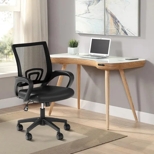 Vista 2 de Silla de oficina ergonómica, silla de escritorio de malla con respaldo medio, silla de computadora, color negro Soporte lumbar, modo oscilante