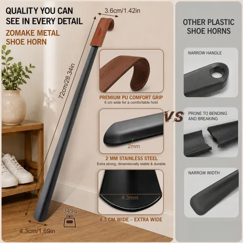 Vista 3 de ZOMAKE Extra Long Shoe Horn for Seniors, Metal Shoehorn Long handle Negro 28.3