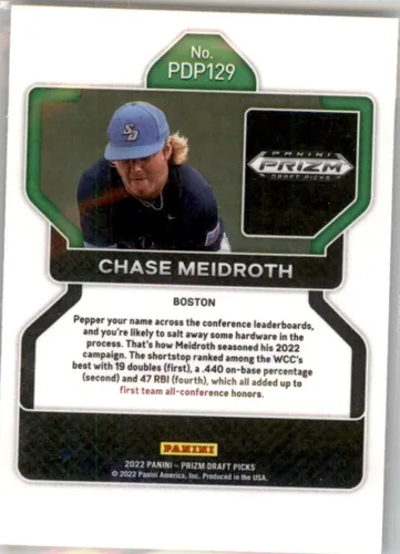 Vista 2 de 2022 Panini Prizm Draft Picks #129 Chase Meidroth Boston Red Sox Official NCAA Baseball Card in Raw (NM or Better) Condition