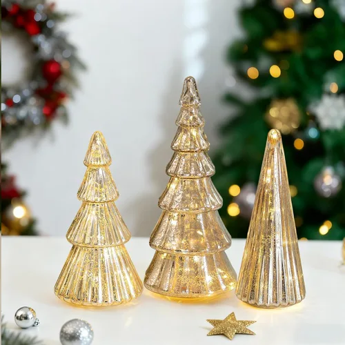 Vista 14 de Glasseam Centros de mesa de Navidad dorados para mesa: juego de 3 árboles de Navidad de vidrio de mercurio con luces, árboles de Navidad de mesa