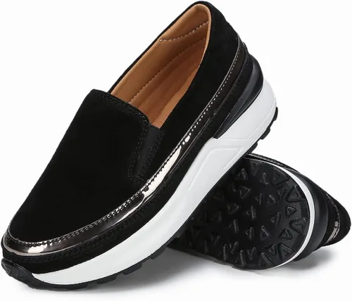Vista 6 de Ruiatoo Zapatos de plataforma para mujer, cómodos mocasines de gamuza sin cordones, mocasines de cuña casuales