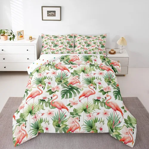 Vista 7 de Erosebridal Juego de ropa de cama de flamenco rosa para niñas y mujeres, lindo juego de edredón de flamenco de animales, tamaño individual