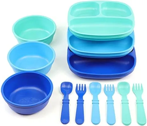 Vista 10 de Re-Play Juego de vajilla para niños pequeños, 3 platos divididos, 3 cuencos para aperitivos y 3 juegos de tenedores y cucharas, vajilla para niños