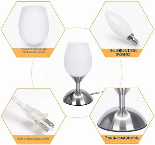 Vista 7 de Lámpara táctil pequeña para mesita de noche de dormitorio, lámparas de noche regulables de 3 vías, lámpara de escritorio de vidrio opal, base