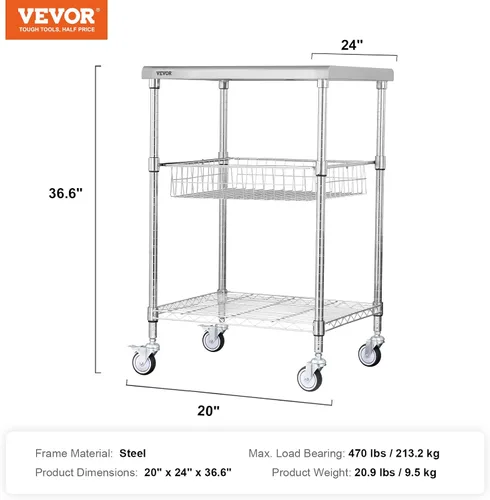 Vista 7 de VEVOR Carrito Utilitario de Cocina, 36.6"x20"x24" Carrito Rodante de Alambre de 3 Niveles, Carrito de Servicio de Acero con Capacidad de 470LBS