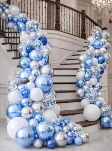 Vista 8 de Kit de guirnalda de globos azules y blancos plateados, 60 globos de látex de confeti azul cromado, blanco y plateado de 12 pulgadas para baby