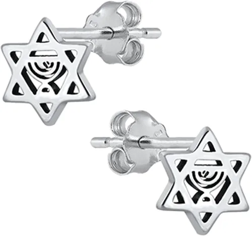 Vista 2 de Aretes de plata de ley 925 con diseño de estrella de David Menorah, Plata, No es una piedra preciosa