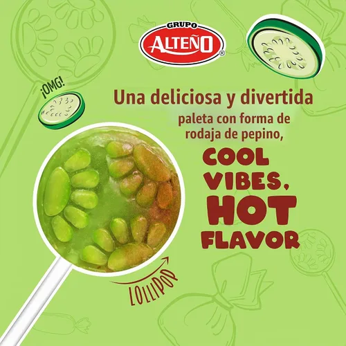 Vista 5 de Alteño (Alteno) Paletas de chile con pepino Super Pepino, dulces picantes estilo mexicano, envueltas individualmente, 40