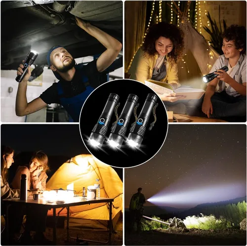 Vista 7 de UUYEE Paquete de 3 linternas recargables de alto lúmenes, linterna súper brillante, 5 modos de linterna LED recargable, linternas tácticas