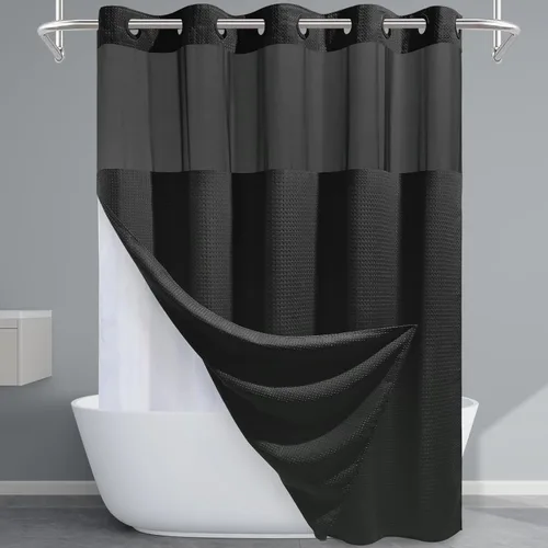 Vista 26 de EUTXL Cortina de ducha beige sin gancho con forro a presión, 230 GSM, cortinas de ducha para baño, 71 pulgadas de ancho x 74 pulgadas de alto