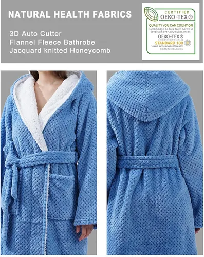 Vista 2 de Albornoz para mujer franela de panal con capucha para mujer ropa de dormir ligera y suave
