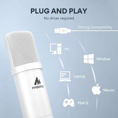 Vista 4 de MAONO Micrófono USB, 192kHz/24bit Plug & Play PC Podcast condensador cardioide metal kit de micrófono con chip de sonido profesional para grabación