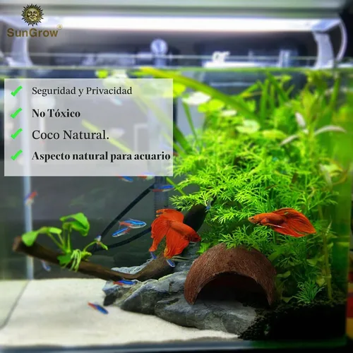 Vista 3 de SunGrow Betta Fish Cave, hábitat hecho de cáscara de coco, suave textura suave borde espacioso escondite para descansar y criar, 1 unidad