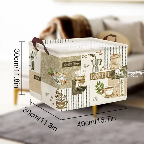 Vista 7 de Clastyle Cesta de almacenamiento grande con temática de café, taza de granos de café, aperitivos, cocina, cesta rectangular marrón para ropa, libro