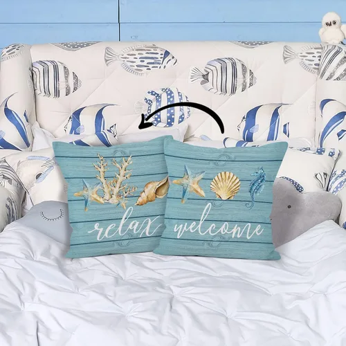 Vista 6 de HIWX Fundas de almohada costeras, fundas de almohada costeras, fundas de almohada decorativas de playa náutica, almohadas náuticas, decoración Blue1