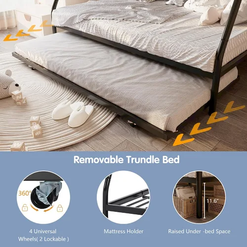Vista 6 de SUNLEI Cama alta de metal con 2 escaleras seguras, litera individual sobre matrimonial con nido, camas nido con protección de seguridad individual
