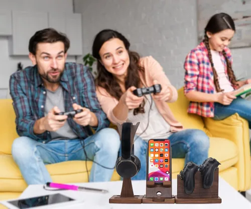 Vista 3 de Regalo de jugador para esposo novio, organizador de controlador ajustable con soporte para auriculares, soporte giratorio para teléfono y soporte