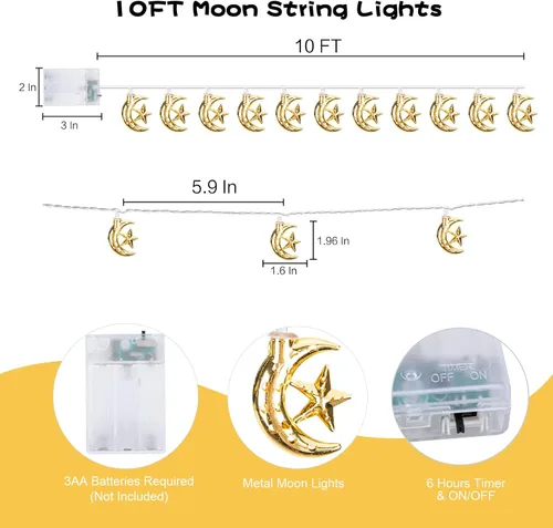 Vista 5 de Vigdur Guirnalda de luces de Ramadán – 20 luces LED Eid Mubark Luna Star Fairy Lights funciona con pilas con temporizador, luz de decoración Ramanda
