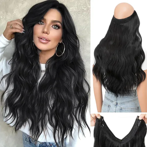 Vista 12 de Extensiones de cabello de alambre transparente invisible con 3 clips seguros, diadema ajustable, tamaño ondulado, rizado, largo, sintético