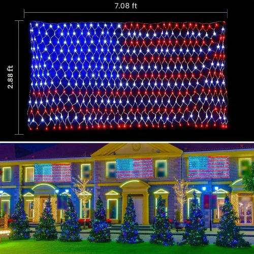Vista 7 de Realización de luces de bandera estadounidense avanzadas, 420 luces LED Red de luz LED impermeable de los Estados Unidos para el Día de los Caídos