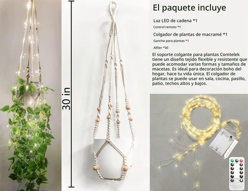 Vista 2 de Comtelek - Maceta colgante con luces para interiores, cesta colgante de macramé con cuentas de madera, soporte para macetas sin borlas