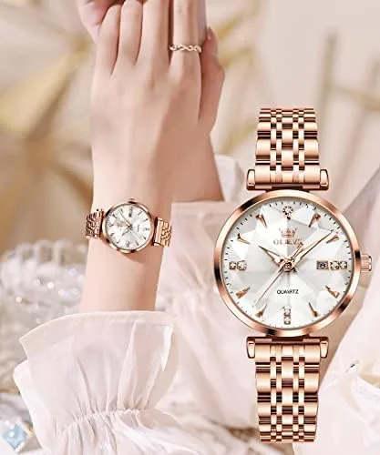 Vista 3 de OLEVS Relojes de mujer Vestido simple Reloj de mujer Reloj de acero inoxidable de oro rosa Reloj impermeable de cuarzo con fecha de lujo
