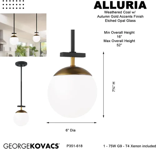 Vista 5 de George Kovacs P351-618 Alluria 1 lámpara colgante, 75 vatios en total, negro desgastado con oro otoñal