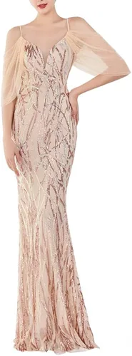 Vista 8 de Vestido de noche de sirena con lentejuelas y hombros descubiertos para mujer Albaricoque plateado