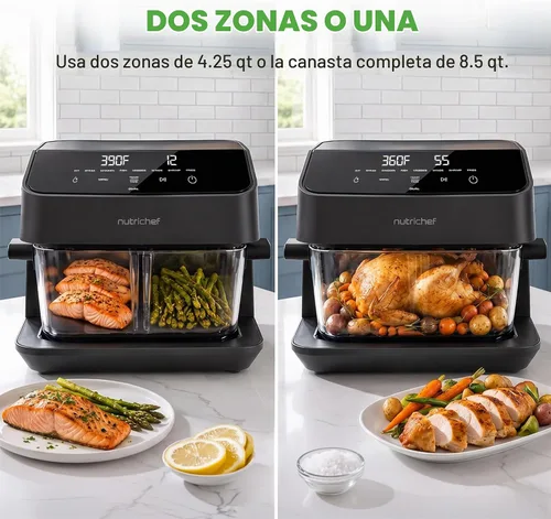 Vista 5 de NutriChef Freidora de aire de doble cesta de vidrio de tamaño familiar de 8.5 cuartos de galón Modos de cocción dual preestablecidos 8 en 1 Negro