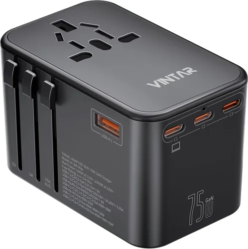 Vista 8 de VINTAR - Adaptador de viaje universal, adaptador de corriente internacional GaN de 70 W con 5 puertos USB (3 USB-C), adaptador de enchufe de viaje