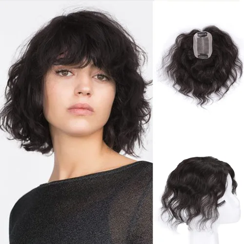 Vista 8 de Extensiones de cabello humano con base monofónica tejida a mano, 7 pulgadas, cabello ondulado corto, 2.8 x 3.9 in, parte libre, área pequeña De