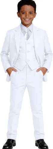 Vista 12 de Visaccy Traje formal para niños, traje de esmoquin ajustado para niños Traje negro corbata azul cuadros (4 piezas)