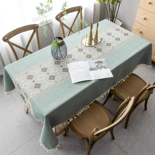 Vista 10 de Pahajim Mantel de lino rústico rectangular con borlas a rayas de algodón para mesa de cocina y comedor, cuadrada, 55 x 55 pulgadas, 4 asientos
