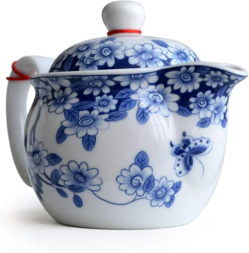 Vista 3 de Tetera pequeña de 12 onzas, tetera de porcelana azul y blanca con filtro de acero inoxidable para té suelto (flores de maceta embellecen)