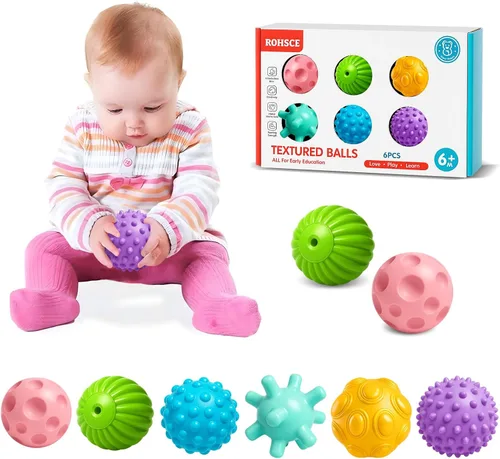 Vista 16 de Pelotas sensoriales, juguetes Montessori con sonajero de bebé de 3 a 6 meses 6 Multiple Textured Stress Balls with Blue Rattle, Bright